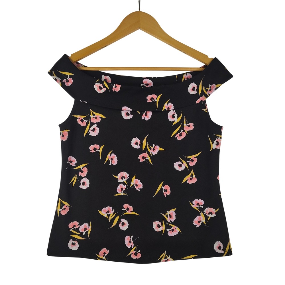Ann Taylor Factory Floral Off The Shoulder Top Black Pink Yellow Medium
